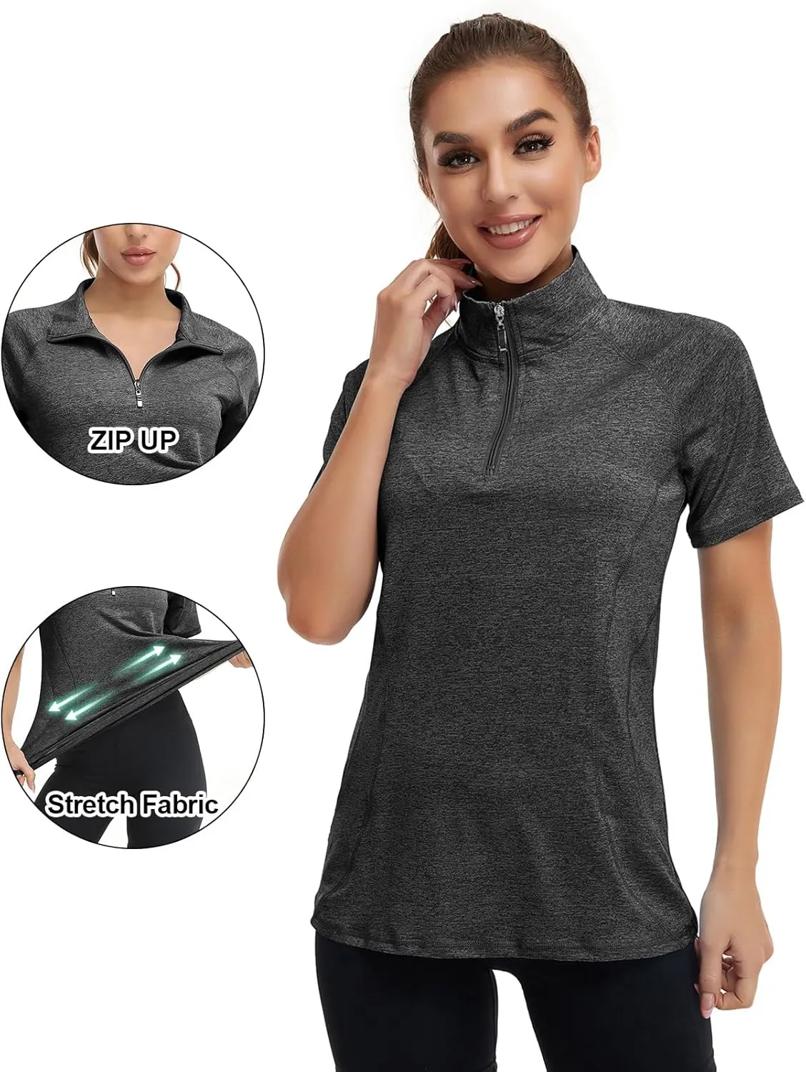 Koscacy Womens Quarter Zip Polo Shirts Short Sleeve Quick Dry Golf Tennis Athletic Tops (S-2XL)