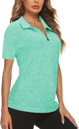 Koscacy Womens Quarter Zip Polo Shirts Short Sleeve Quick Dry Golf Tennis Athletic Tops (S-2XL)