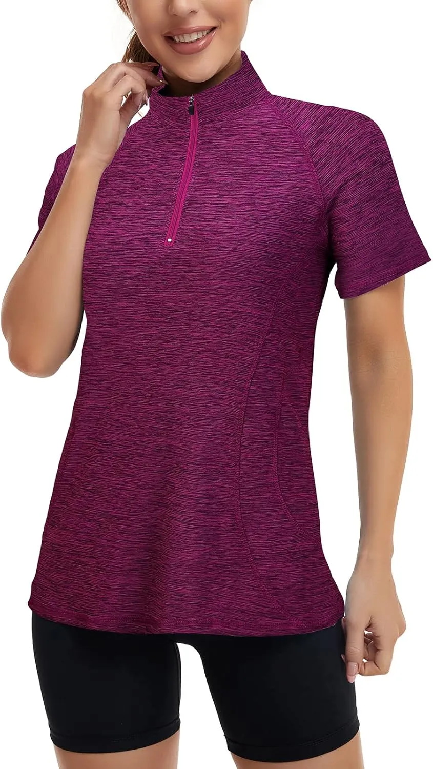 Koscacy Womens Quarter Zip Polo Shirts Short Sleeve Quick Dry Golf Tennis Athletic Tops (S-2XL)