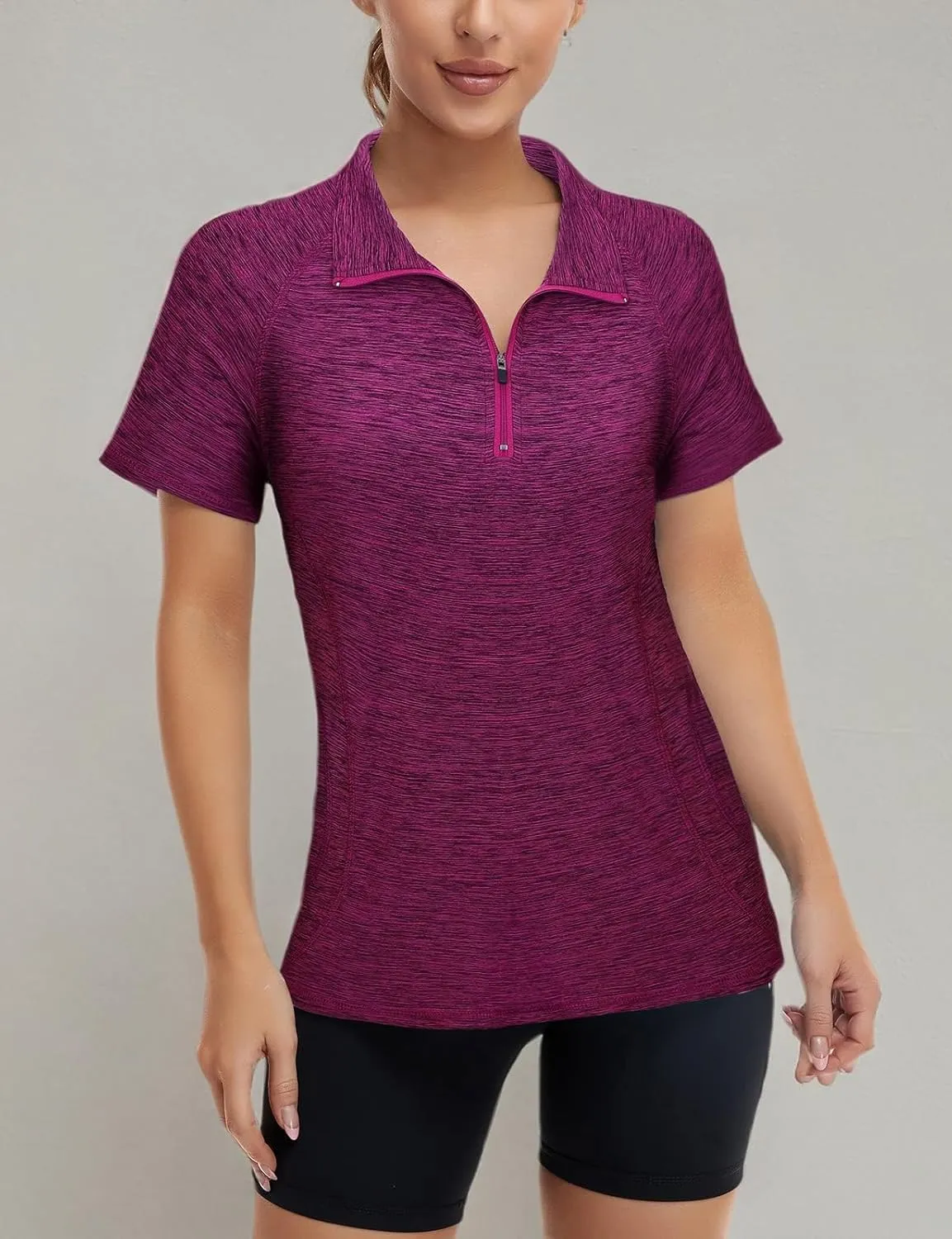 Koscacy Womens Quarter Zip Polo Shirts Short Sleeve Quick Dry Golf Tennis Athletic Tops (S-2XL)