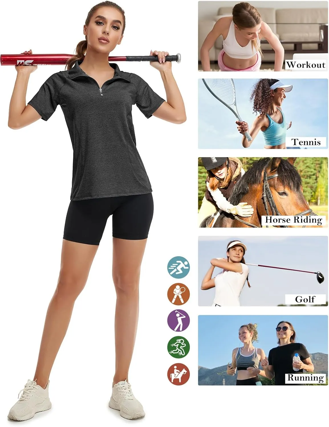 Koscacy Womens Quarter Zip Polo Shirts Short Sleeve Quick Dry Golf Tennis Athletic Tops (S-2XL)