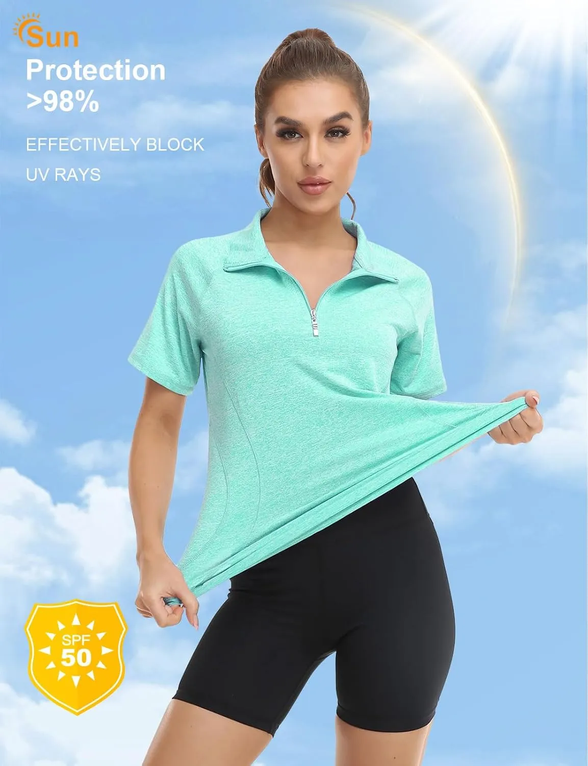 Koscacy Womens Quarter Zip Polo Shirts Short Sleeve Quick Dry Golf Tennis Athletic Tops (S-2XL)