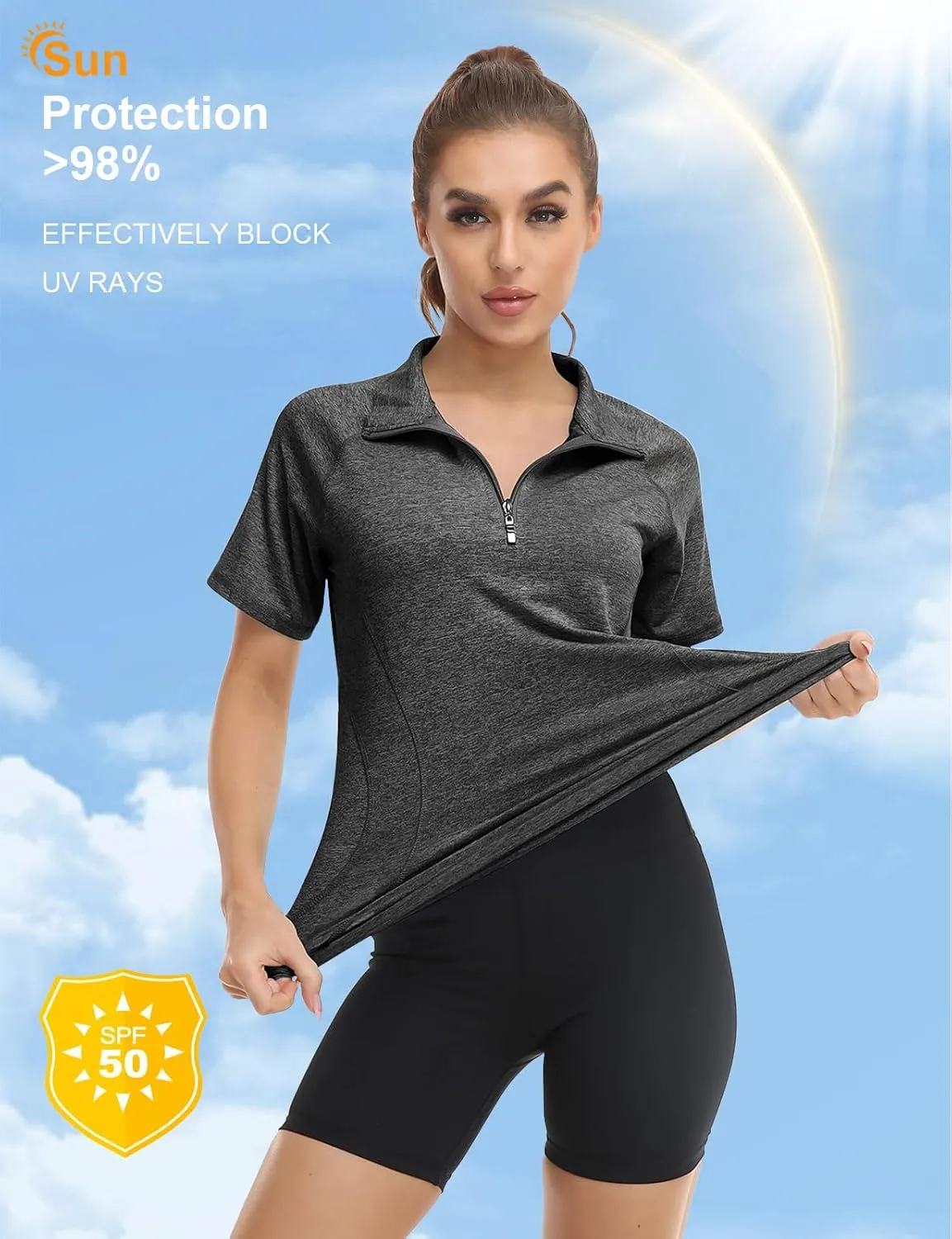Koscacy Womens Quarter Zip Polo Shirts Short Sleeve Quick Dry Golf Tennis Athletic Tops (S-2XL)