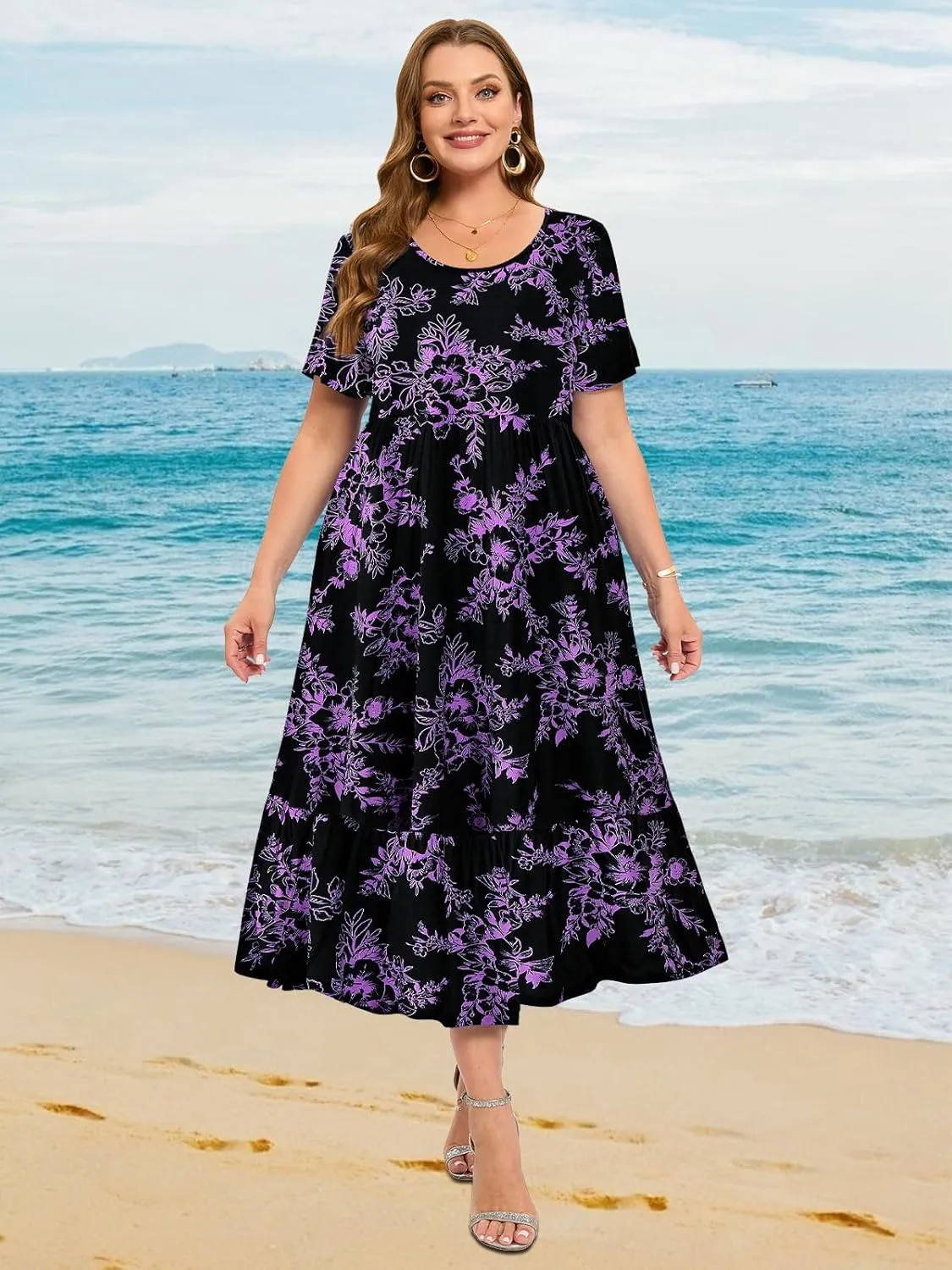 LARACE Plus Size Dresses for Women Summer Casual Short Sleeve Long Dress Flowy Maxi Beach Dresses with Pockets L-6XL