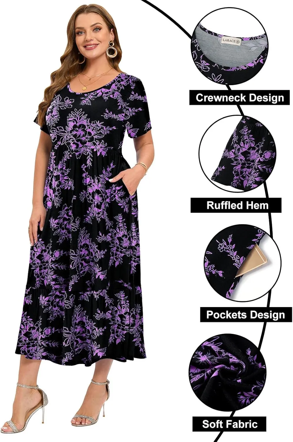 LARACE Plus Size Dresses for Women Summer Casual Short Sleeve Long Dress Flowy Maxi Beach Dresses with Pockets L-6XL