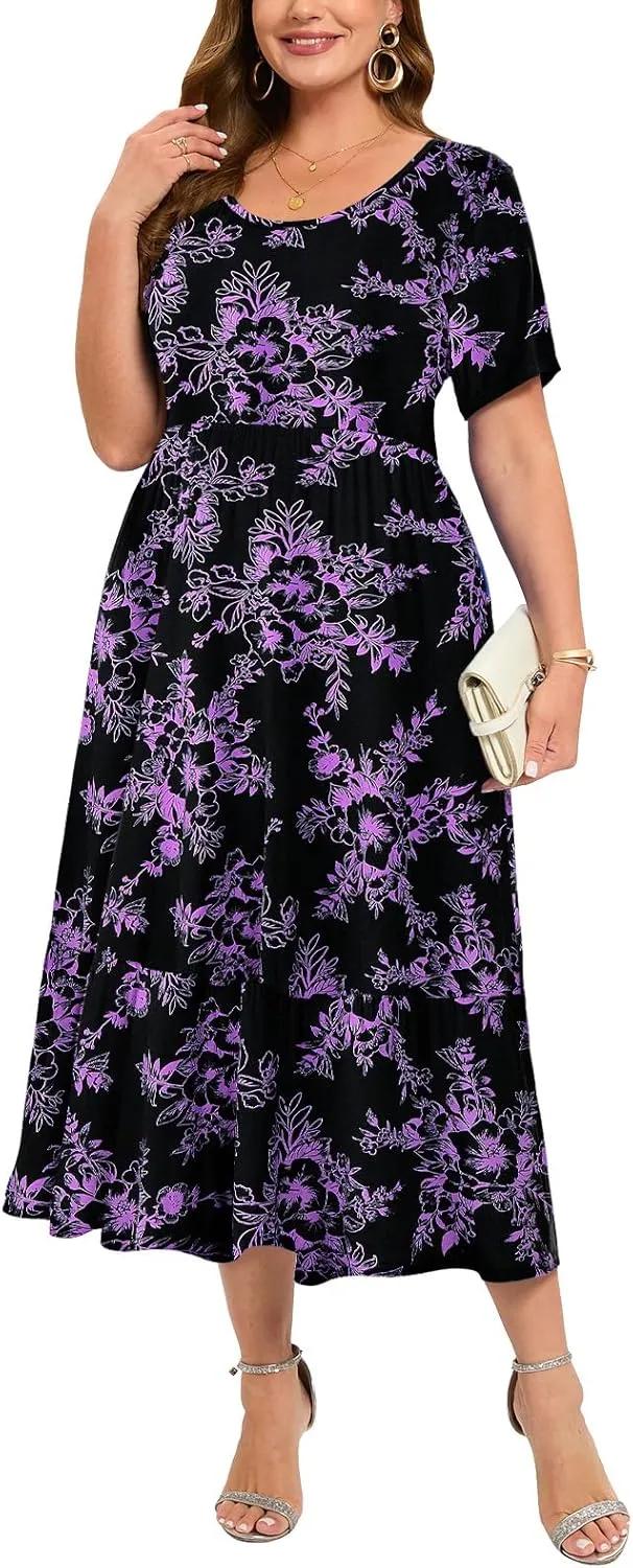 LARACE Plus Size Dresses for Women Summer Casual Short Sleeve Long Dress Flowy Maxi Beach Dresses with Pockets L-6XL