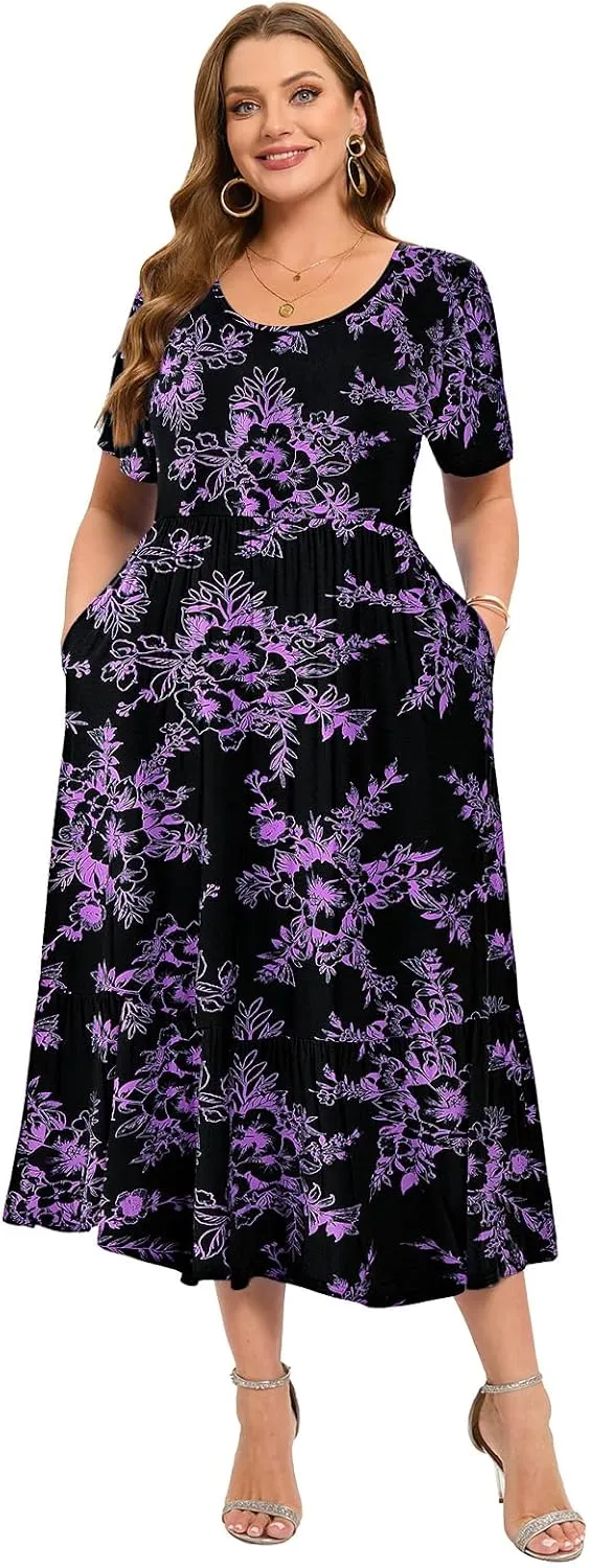 LARACE Plus Size Dresses for Women Summer Casual Short Sleeve Long Dress Flowy Maxi Beach Dresses with Pockets L-6XL