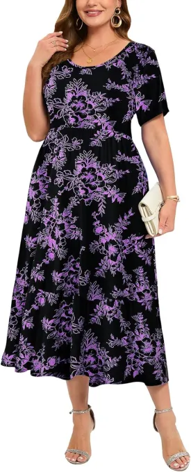 LARACE Plus Size Dresses for Women Summer Casual Short Sleeve Long Dress Flowy Maxi Beach Dresses with Pockets L-6XL