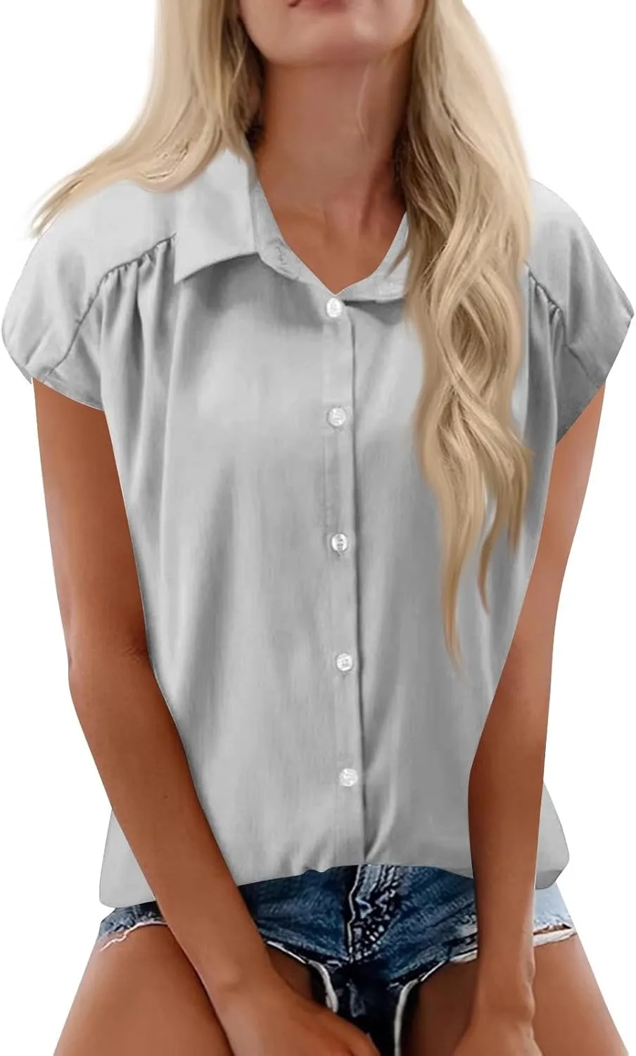 Linen Button Down Shirt Women 2025 Summer Collared Gauze Shirts Cap Sleeve Dress Shirts Business Casual Work Blouses