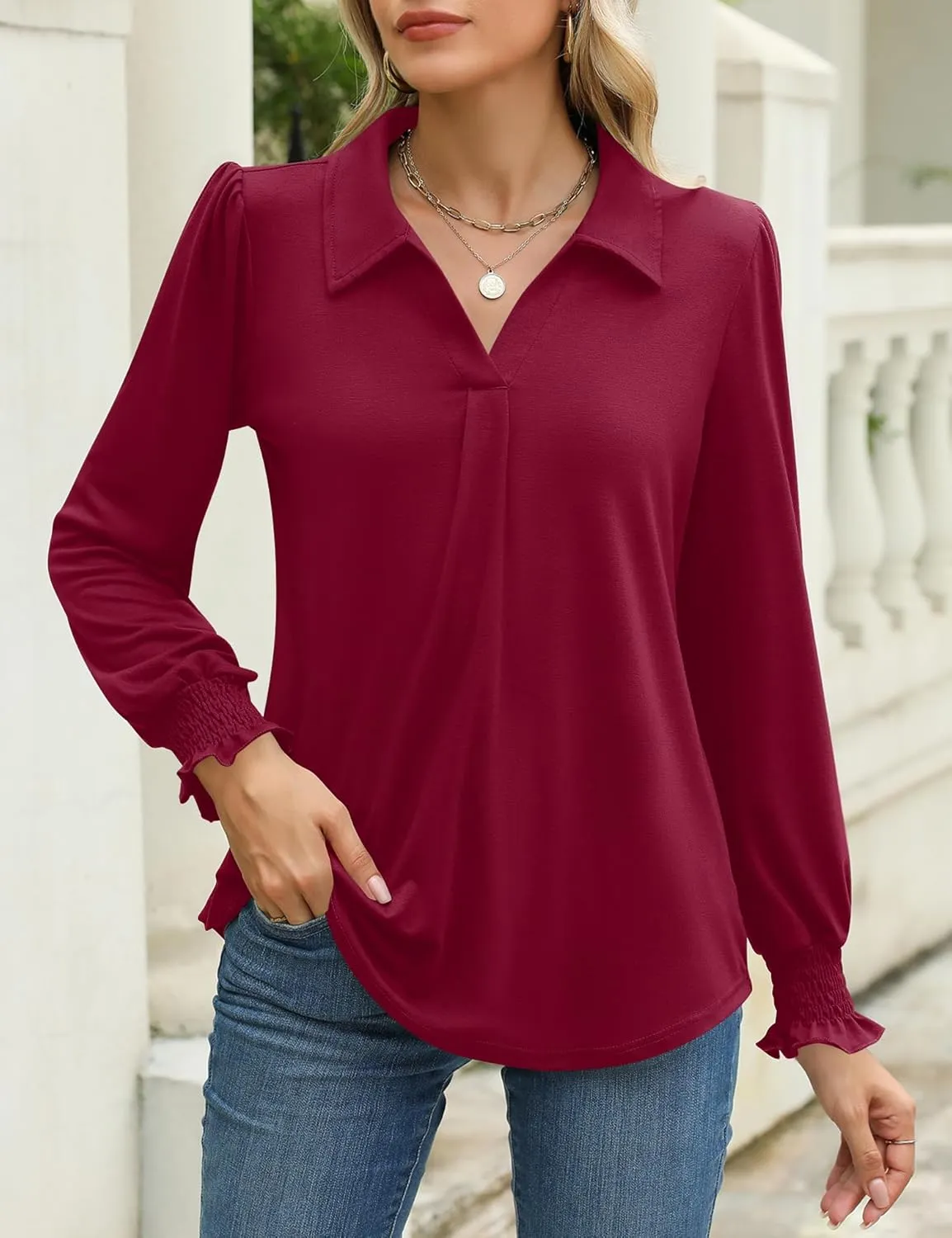 LUYAA Blouses for Women Dressy Casual Long Sleeve Loose Fit Tunic Tops V-Neck Collared Fall Shirts S-XXXL