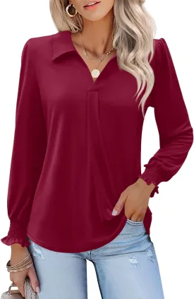 LUYAA Blouses for Women Dressy Casual Long Sleeve Loose Fit Tunic Tops V-Neck Collared Fall Shirts S-XXXL
