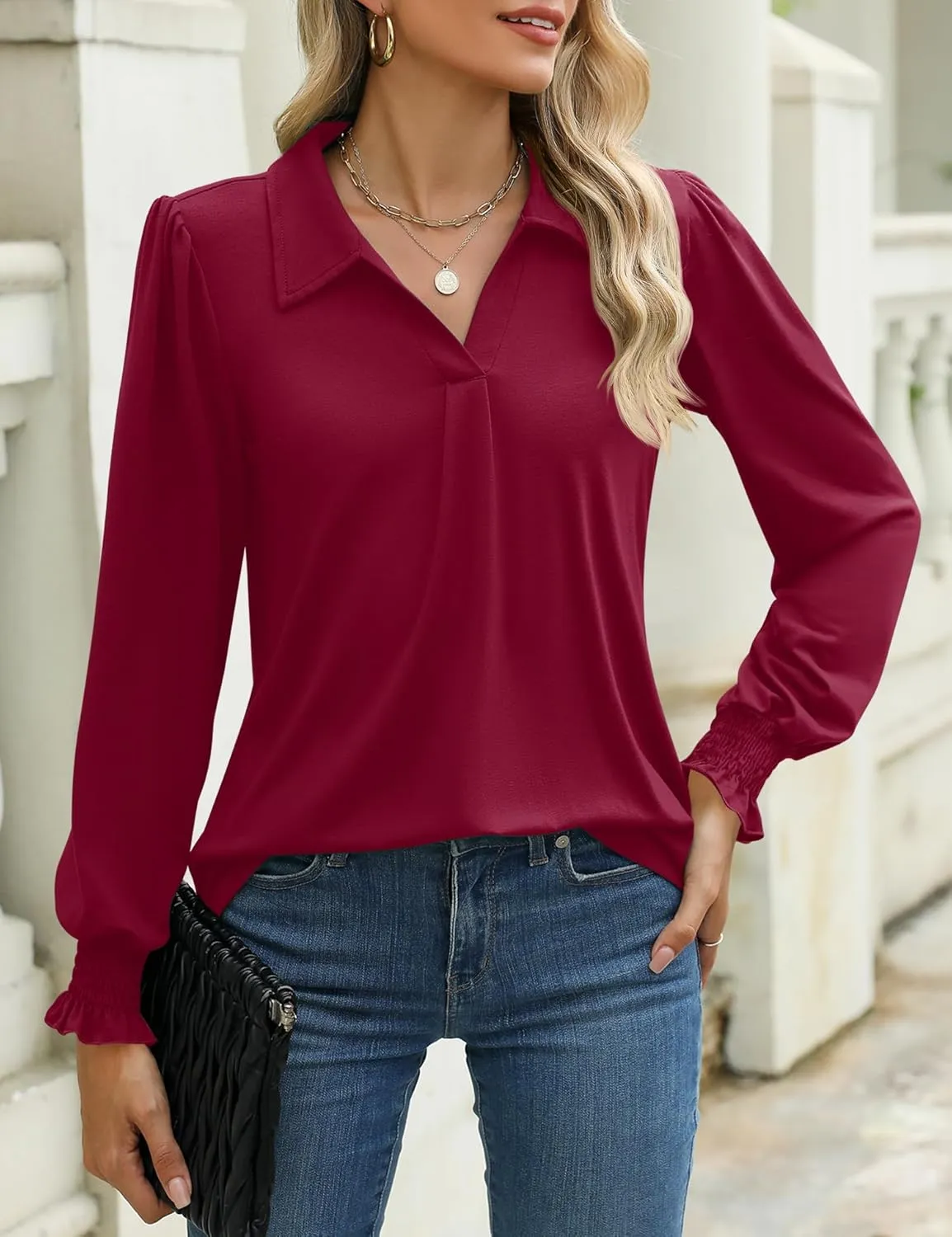 LUYAA Blouses for Women Dressy Casual Long Sleeve Loose Fit Tunic Tops V-Neck Collared Fall Shirts S-XXXL