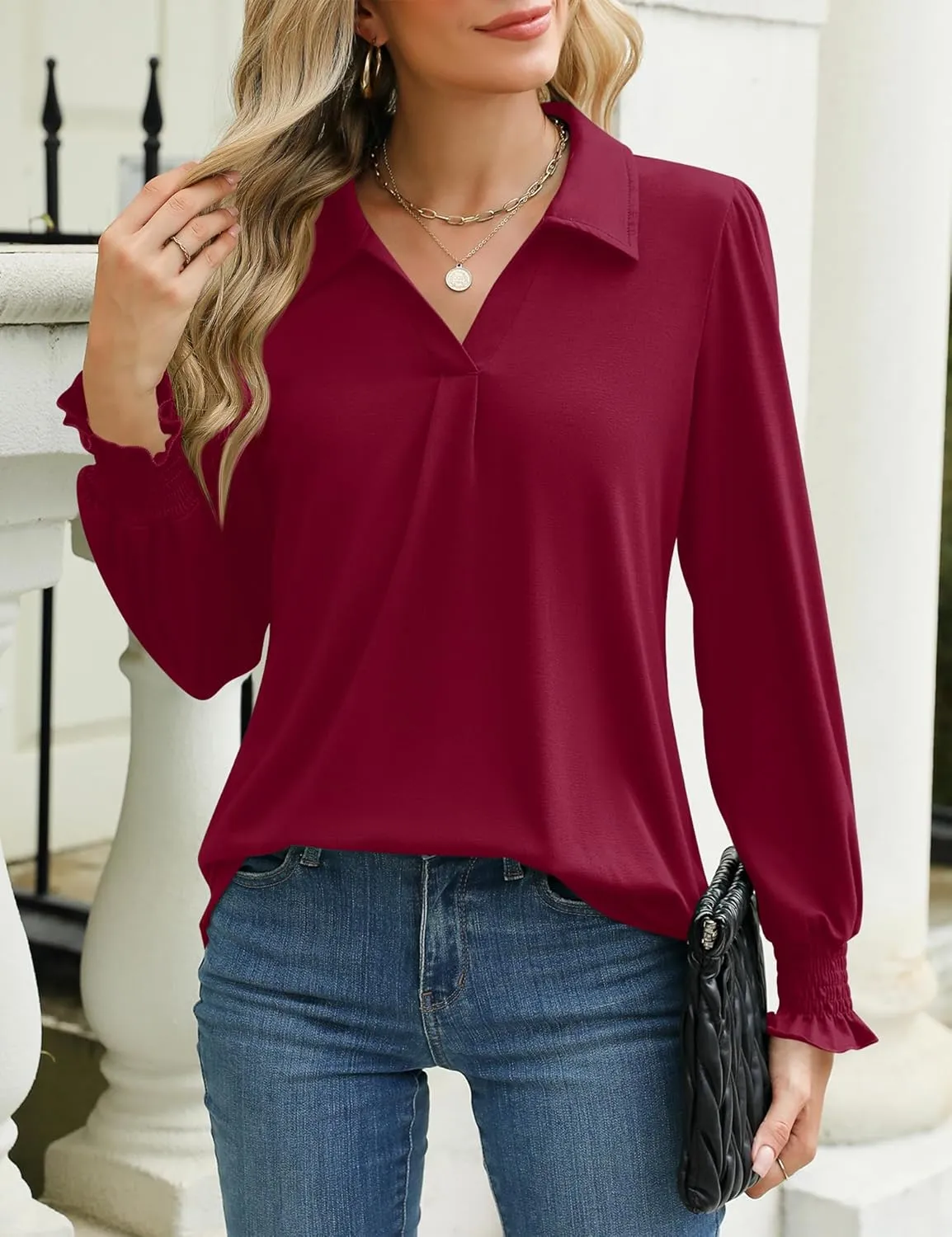 LUYAA Blouses for Women Dressy Casual Long Sleeve Loose Fit Tunic Tops V-Neck Collared Fall Shirts S-XXXL