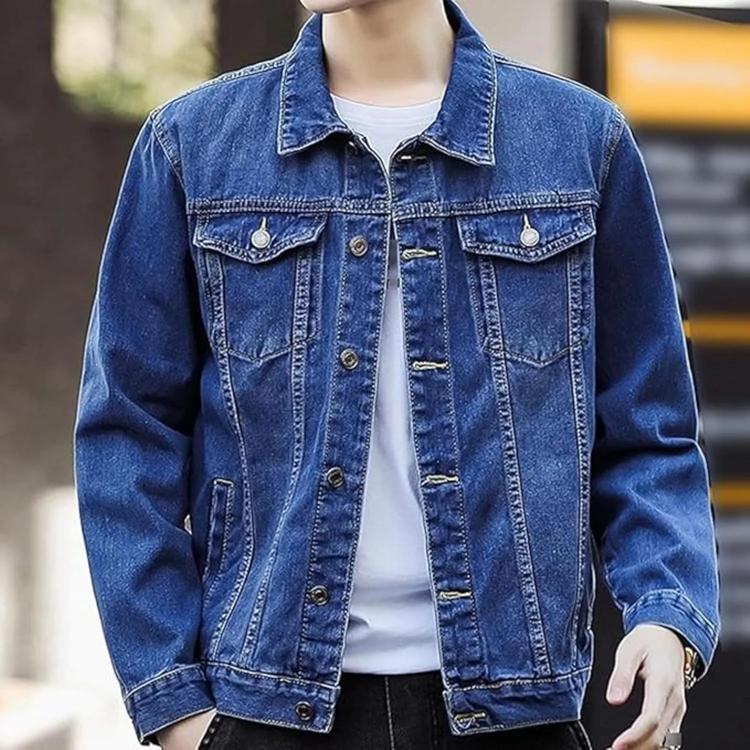 Mens Classic Lapel Jean Jacket Casual Slim Fit Trucker Cowboy Coat Pocket Front Casual Men Denim Jackets