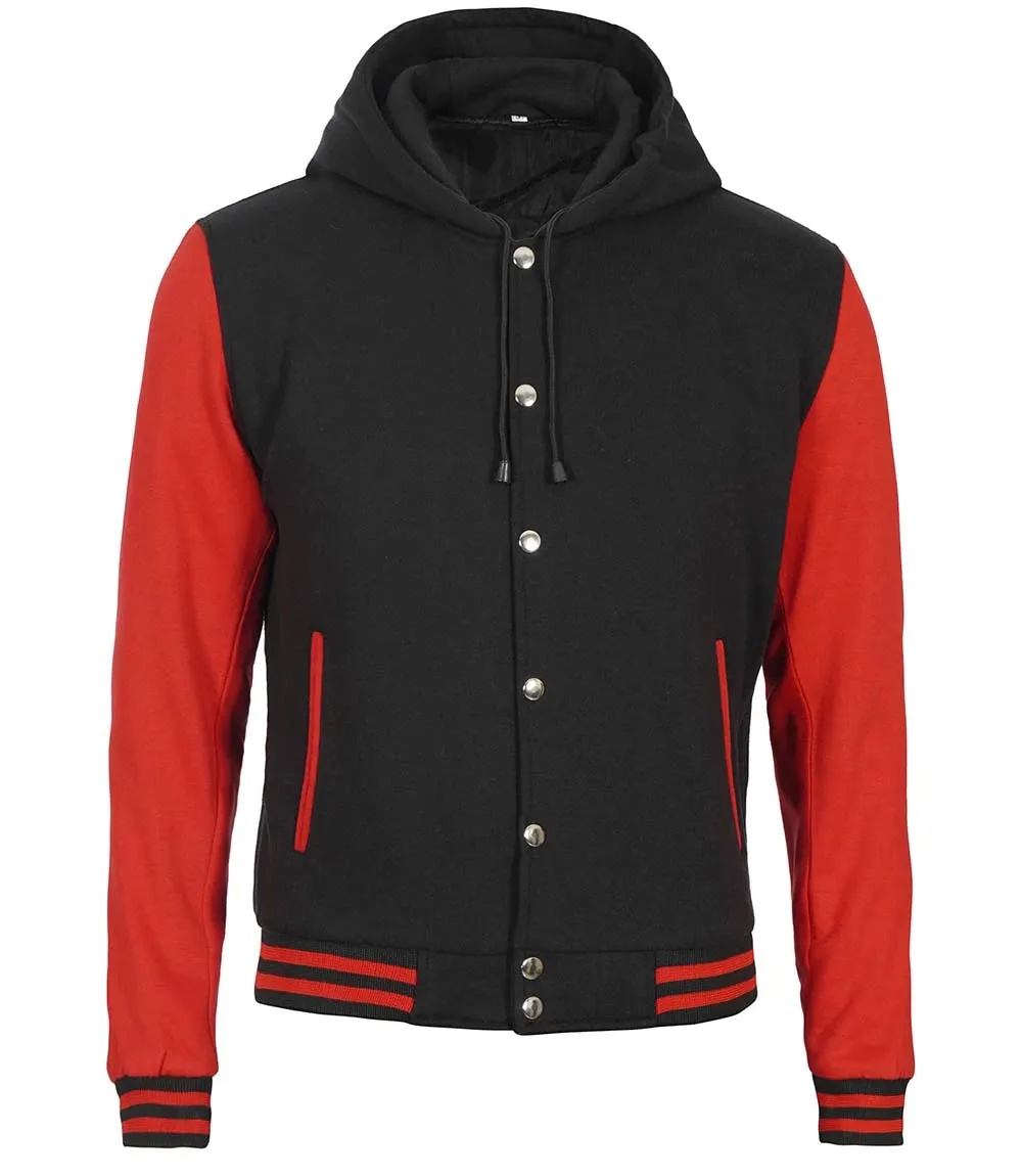 Men's Red and Black Hooded Lettermen Jacket