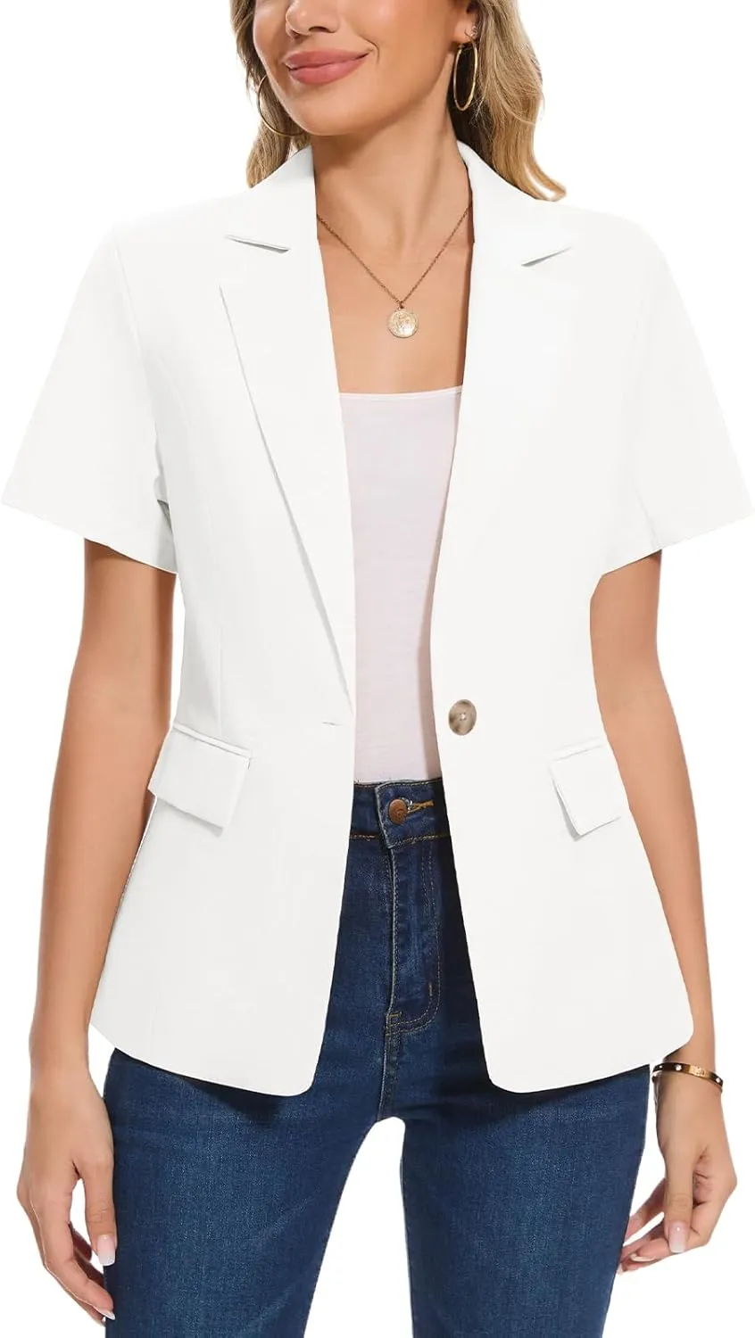 MINTLIMIT Women's Cotton Linen Blazer Jacket Short Sleeve Summer Casual Lightweight Button Lapel Blazers with Pockets