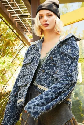 MQTIME  -  POL Flower Textured Raw Hem Long Sleeve Denim Jacket