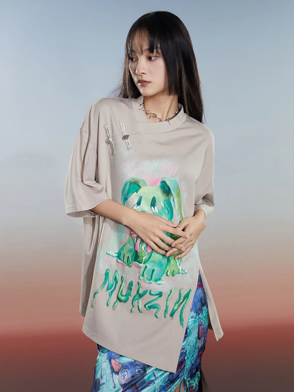 MUKZIN Loose 2-color Versatile Slit Casual Comfortable T-shirt