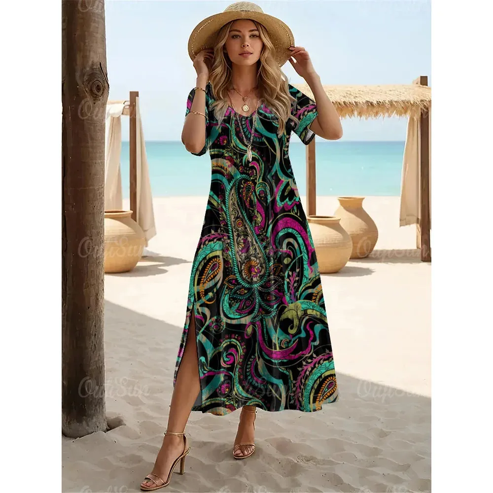 Multicolor Paisley Print Women's Plus Size Long Dresses
