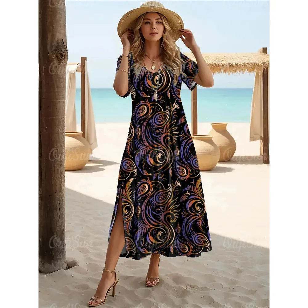 Multicolor Paisley Print Women's Plus Size Long Dresses
