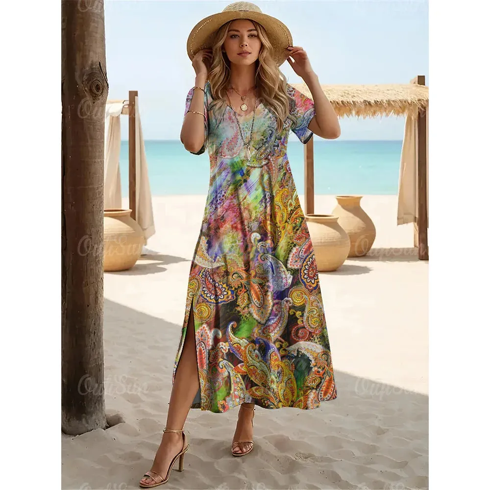 Multicolor Paisley Print Women's Plus Size Long Dresses