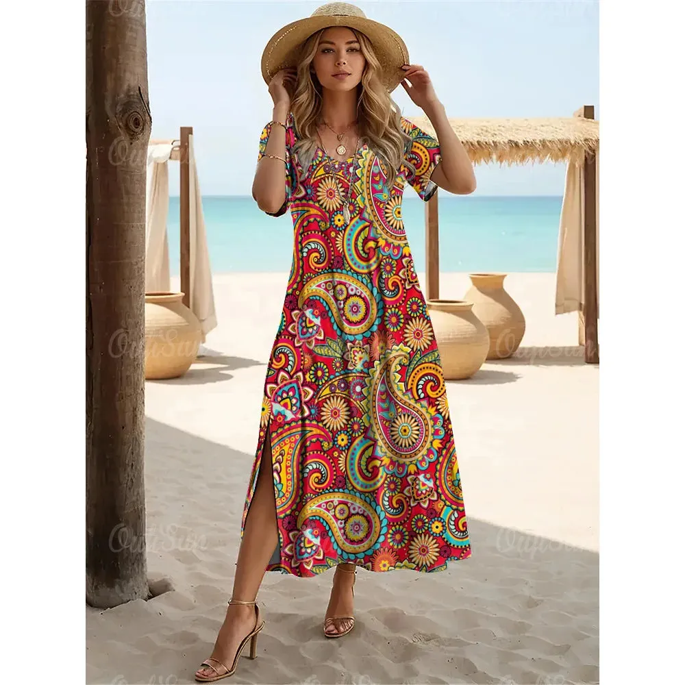 Multicolor Paisley Print Women's Plus Size Long Dresses