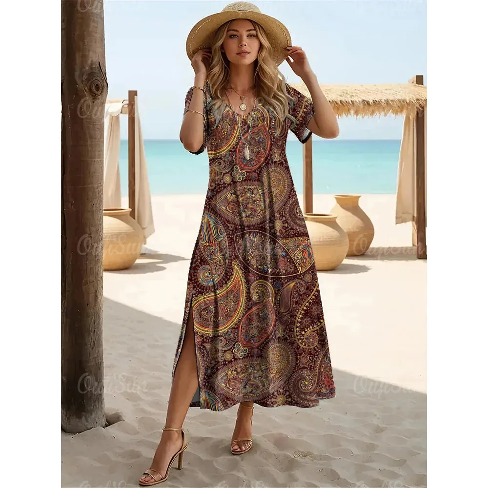 Multicolor Paisley Print Women's Plus Size Long Dresses