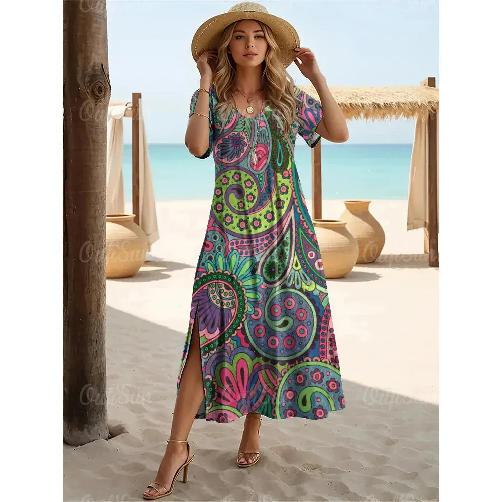 Multicolor Paisley Print Women's Plus Size Long Dresses