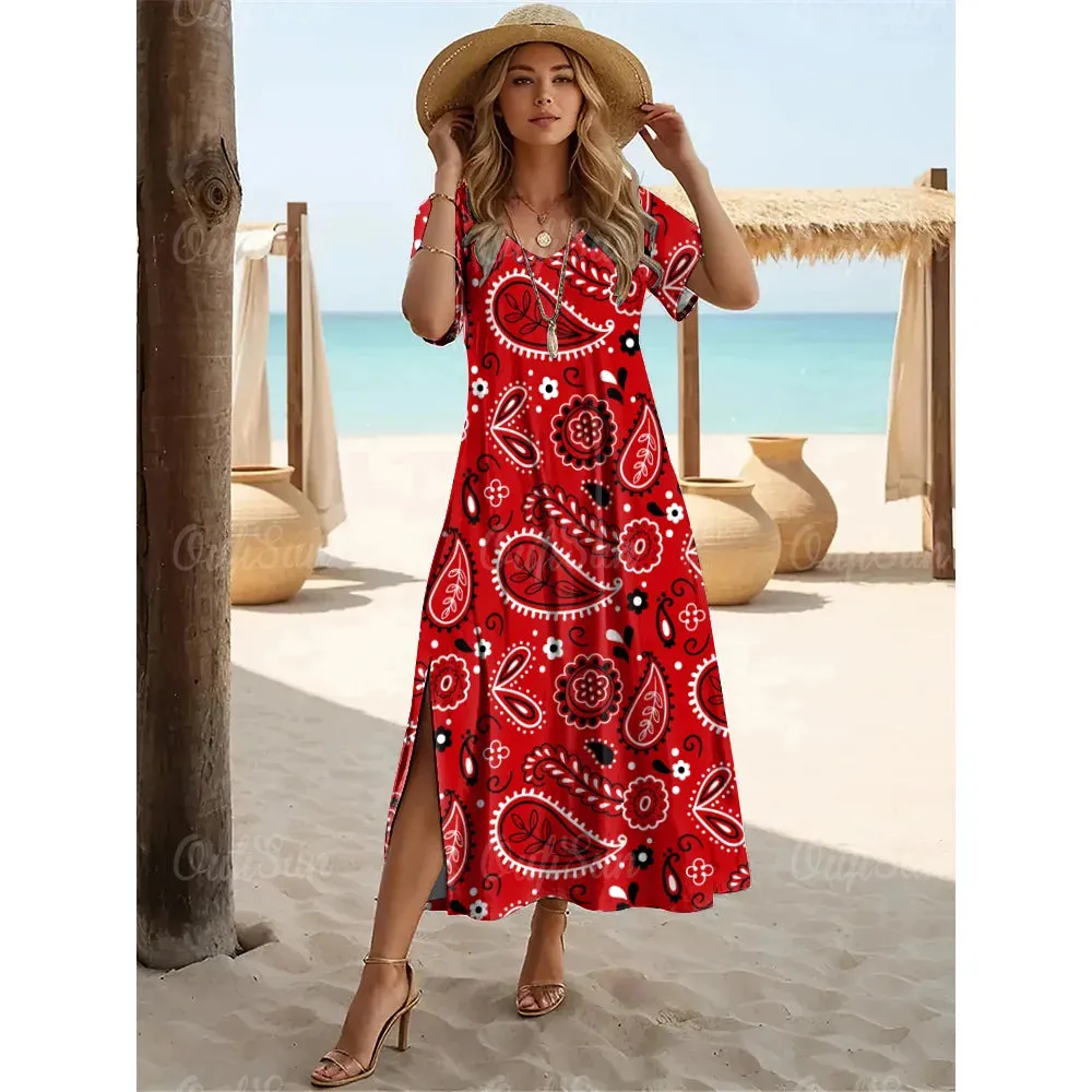 Multicolor Paisley Print Women's Plus Size Long Dresses