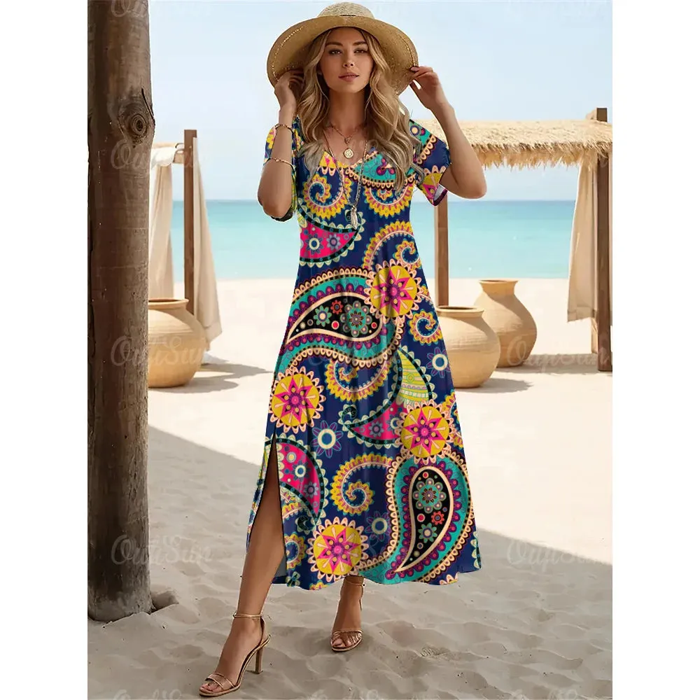 Multicolor Paisley Print Women's Plus Size Long Dresses