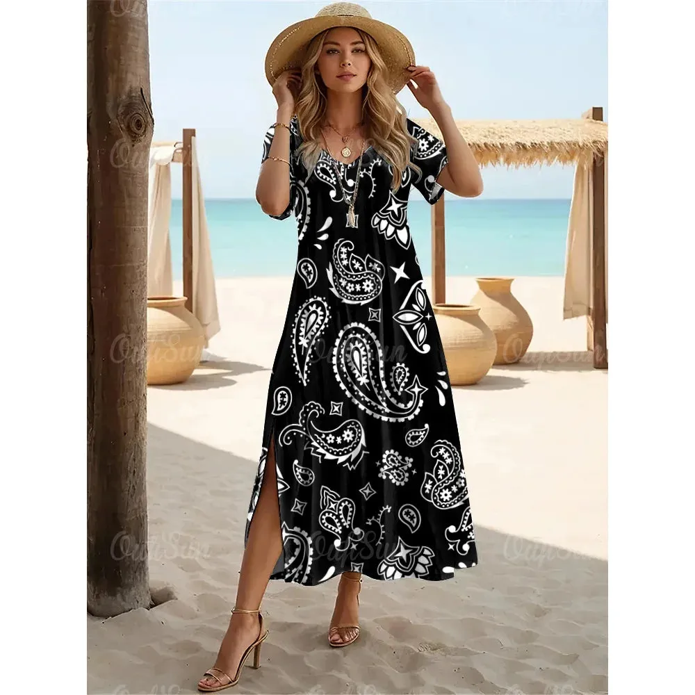 Multicolor Paisley Print Women's Plus Size Long Dresses