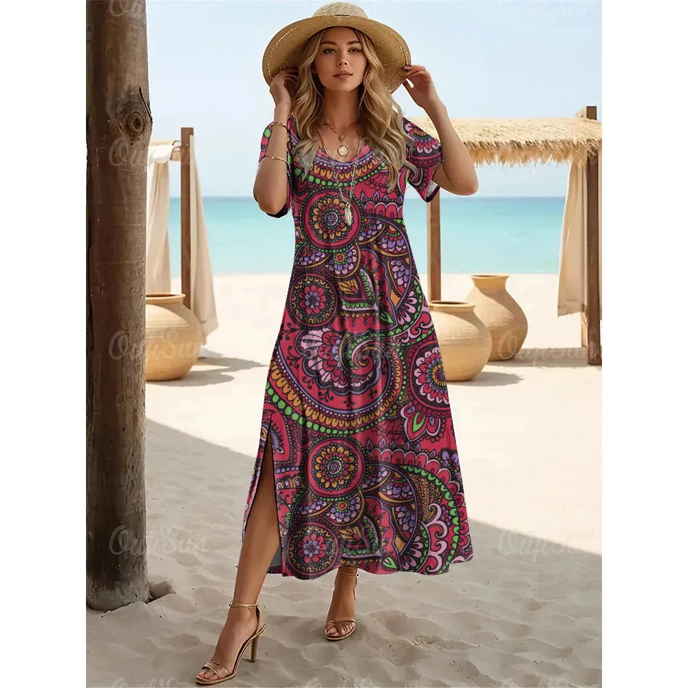 Multicolor Paisley Print Women's Plus Size Long Dresses