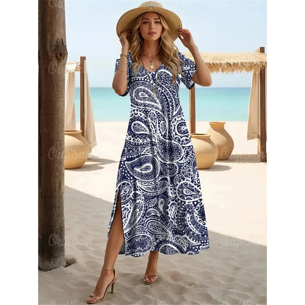 Multicolor Paisley Print Women's Plus Size Long Dresses