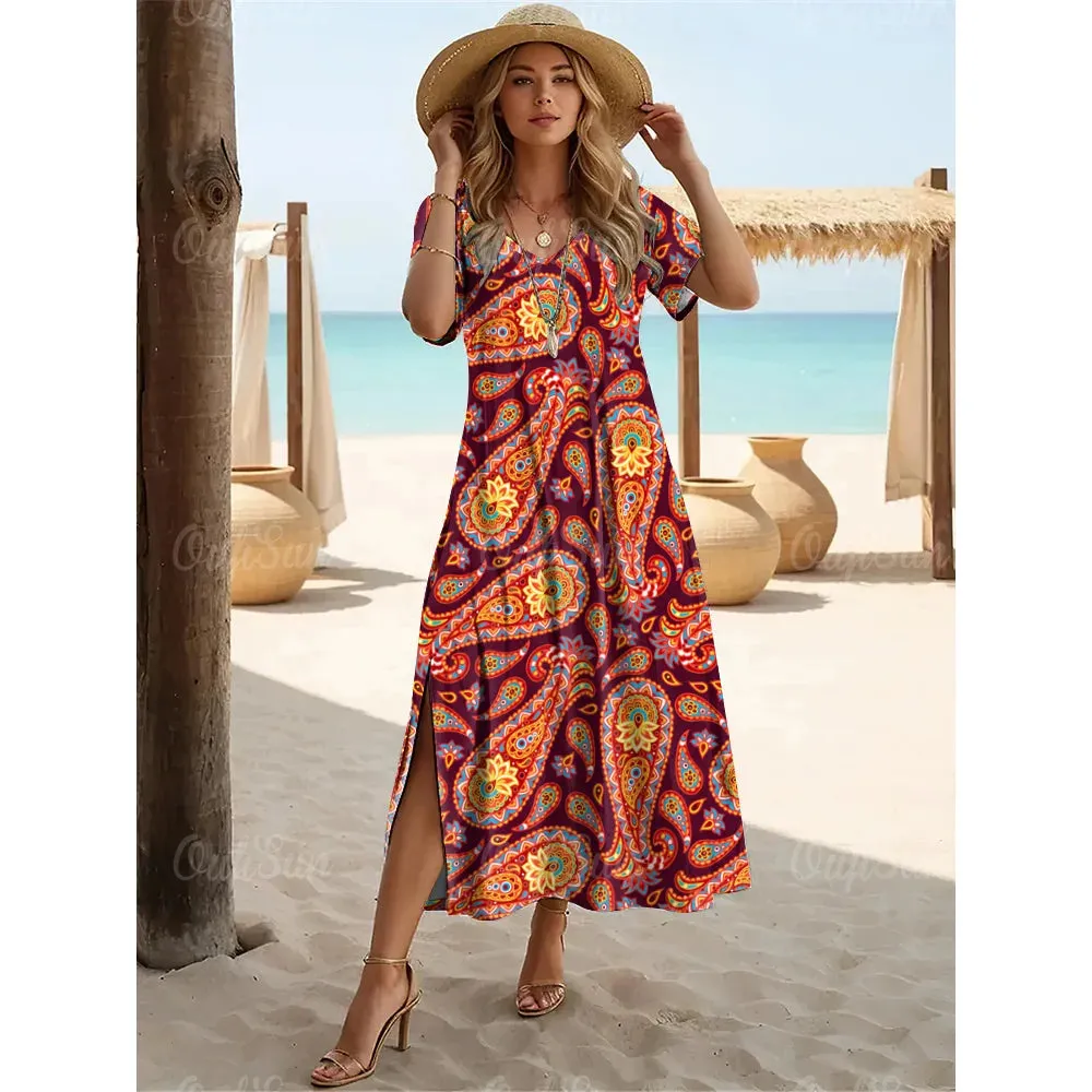 Multicolor Paisley Print Women's Plus Size Long Dresses