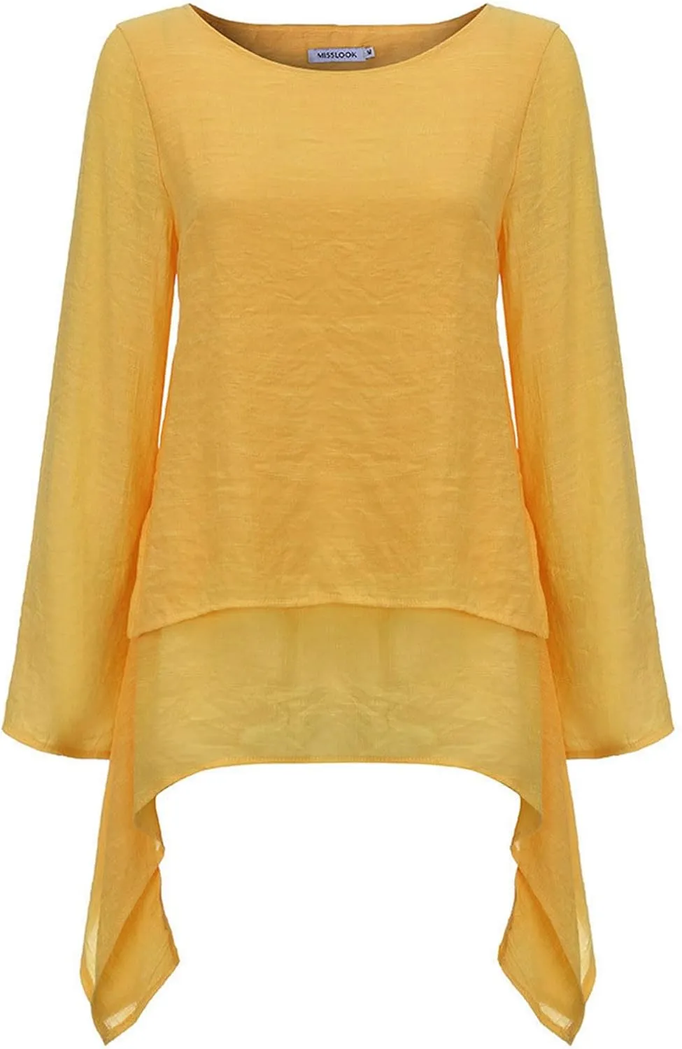 Mzkdieey Oversized Cotton Linen Shirts for Women High Low Hem Asymmetrical Tops Summer Casual Crewneck Long Sleeve Blouse