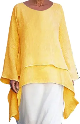Mzkdieey Oversized Cotton Linen Shirts for Women High Low Hem Asymmetrical Tops Summer Casual Crewneck Long Sleeve Blouse