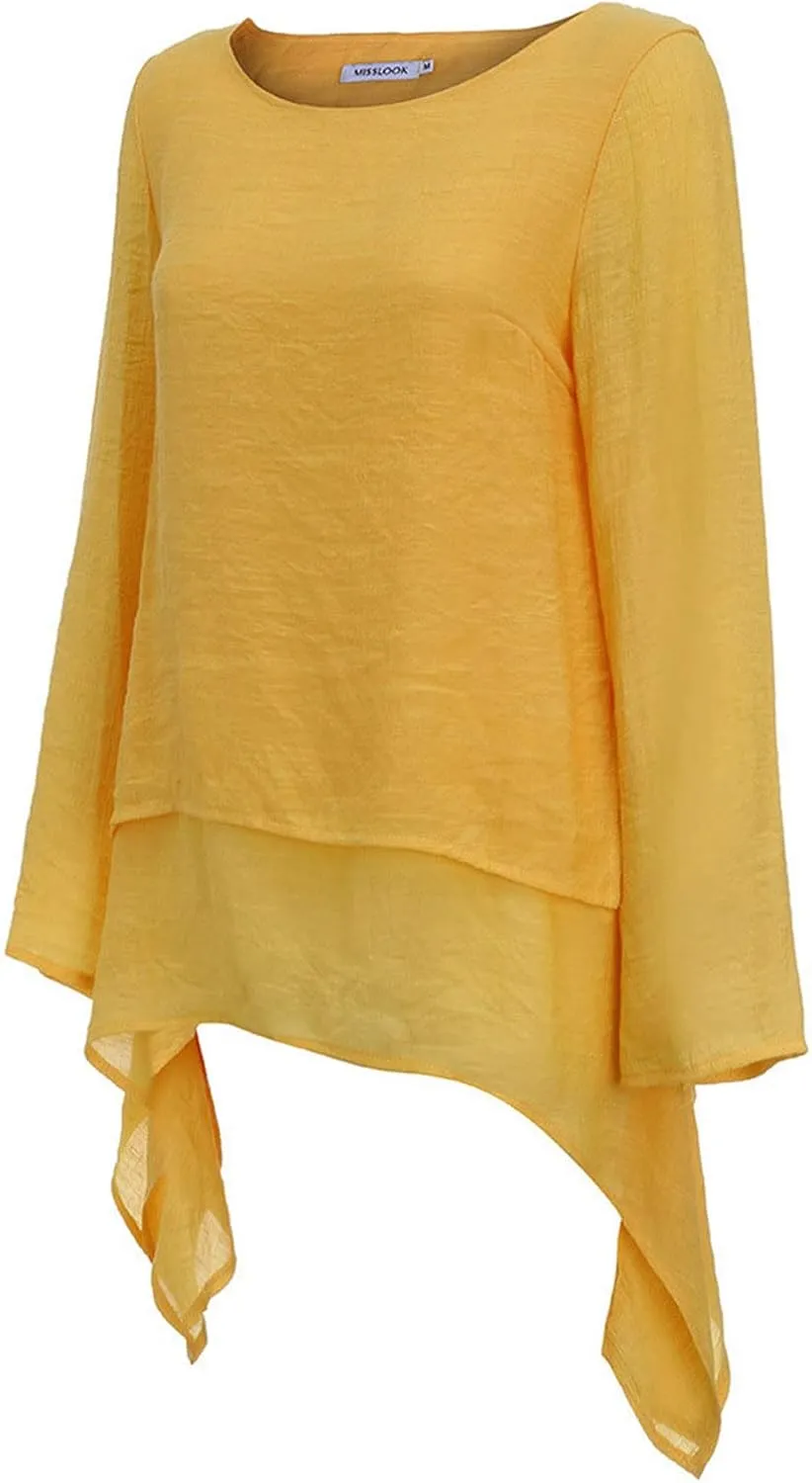 Mzkdieey Oversized Cotton Linen Shirts for Women High Low Hem Asymmetrical Tops Summer Casual Crewneck Long Sleeve Blouse
