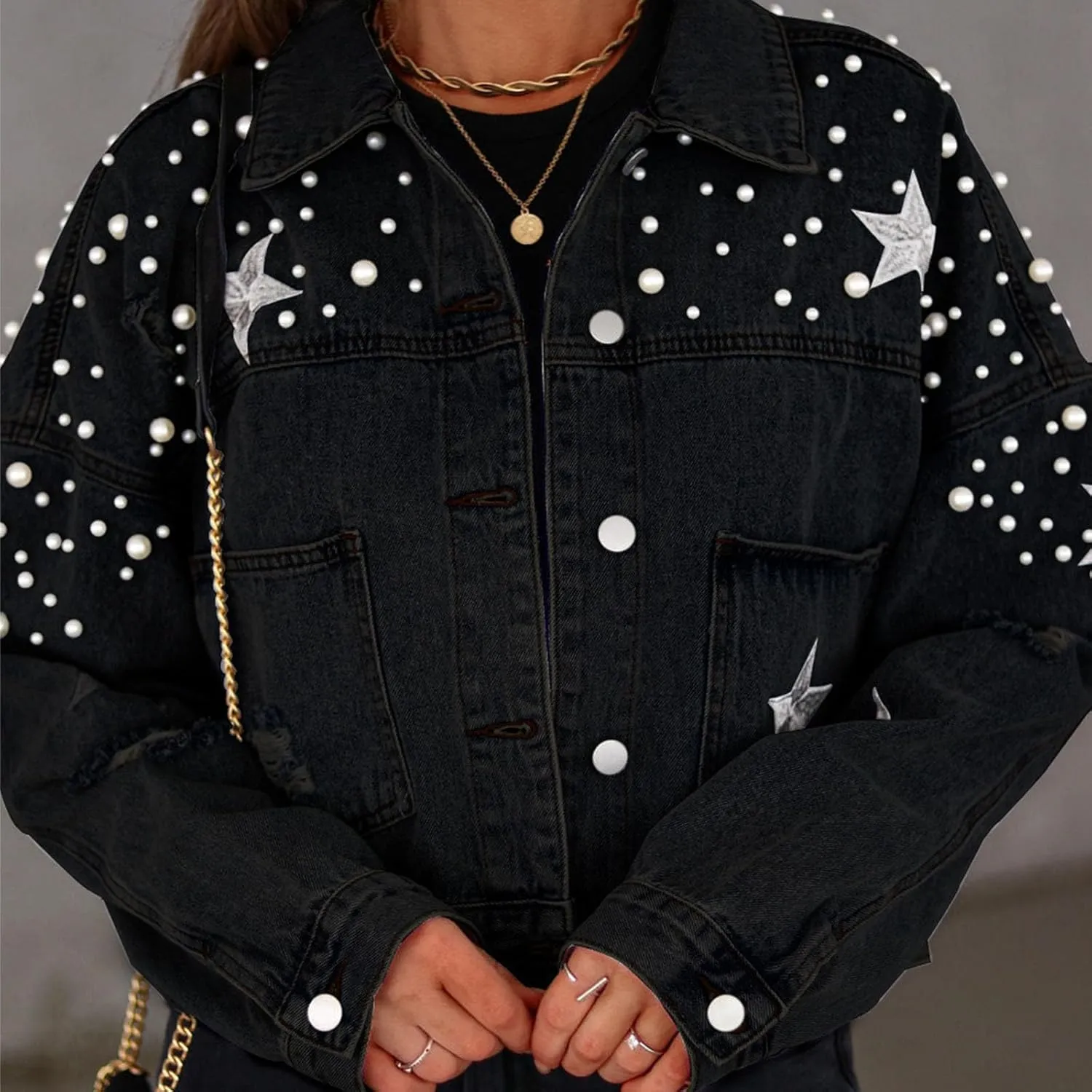NATHGAM Women Fall Loose Embroidered Pearls Beading Jean Jacket Cropped Denim Jacket Teen Street Jean Coat with Pockets