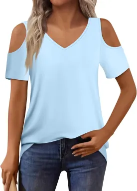 NBXNZWF Off The Shoulder Tops for Women Summer Short Sleeve V Neck Sexy Shirts Floral Print Elegant Loose Fit Tunic Tops
