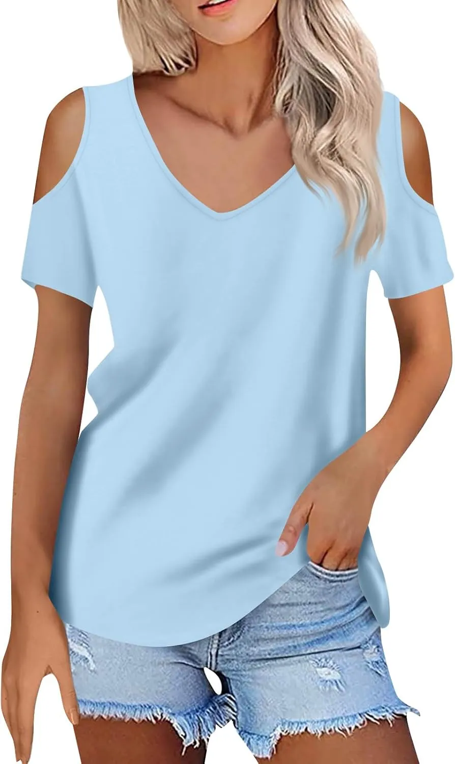 NBXNZWF Off The Shoulder Tops for Women Summer Short Sleeve V Neck Sexy Shirts Floral Print Elegant Loose Fit Tunic Tops