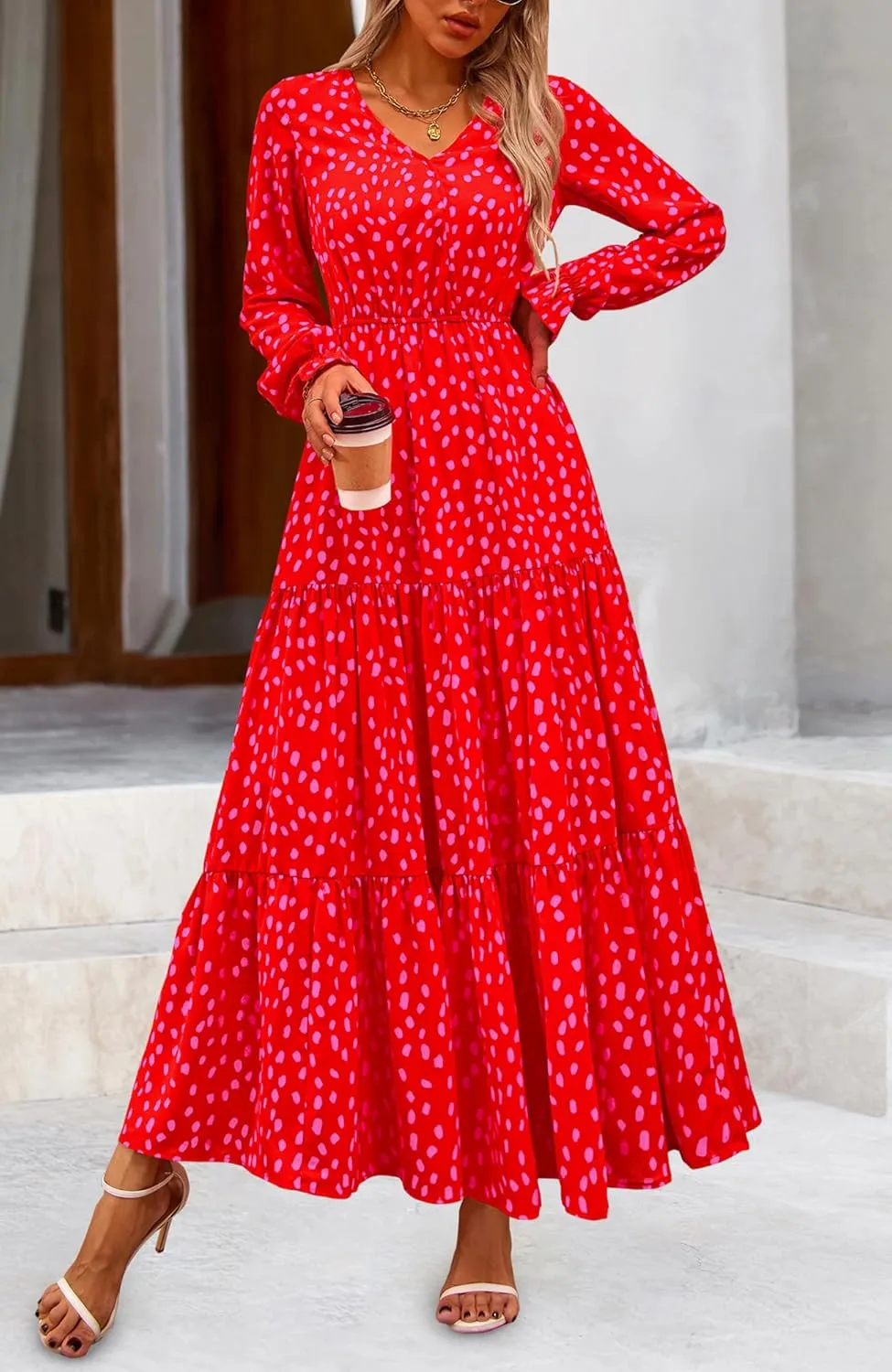 NOLLSOM Women's 2024 Fall Dresses Boho Maxi Dress Casual Long Sleeve V Neck Floral Dresses Wedding Guest Dress