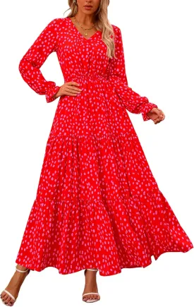 NOLLSOM Women's 2024 Fall Dresses Boho Maxi Dress Casual Long Sleeve V Neck Floral Dresses Wedding Guest Dress