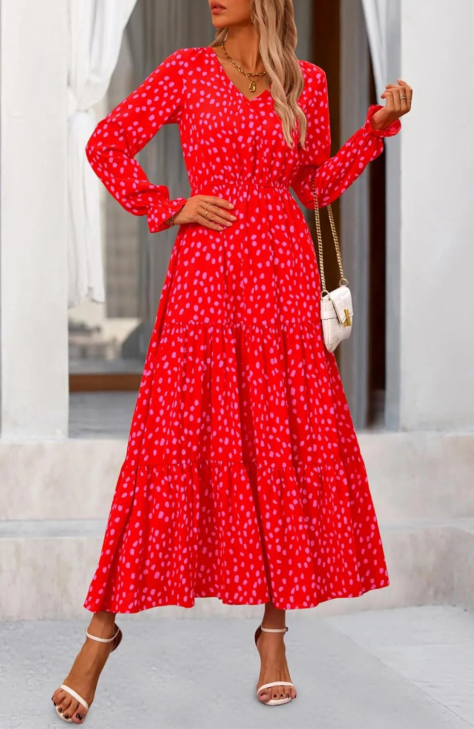 NOLLSOM Women's 2024 Fall Dresses Boho Maxi Dress Casual Long Sleeve V Neck Floral Dresses Wedding Guest Dress