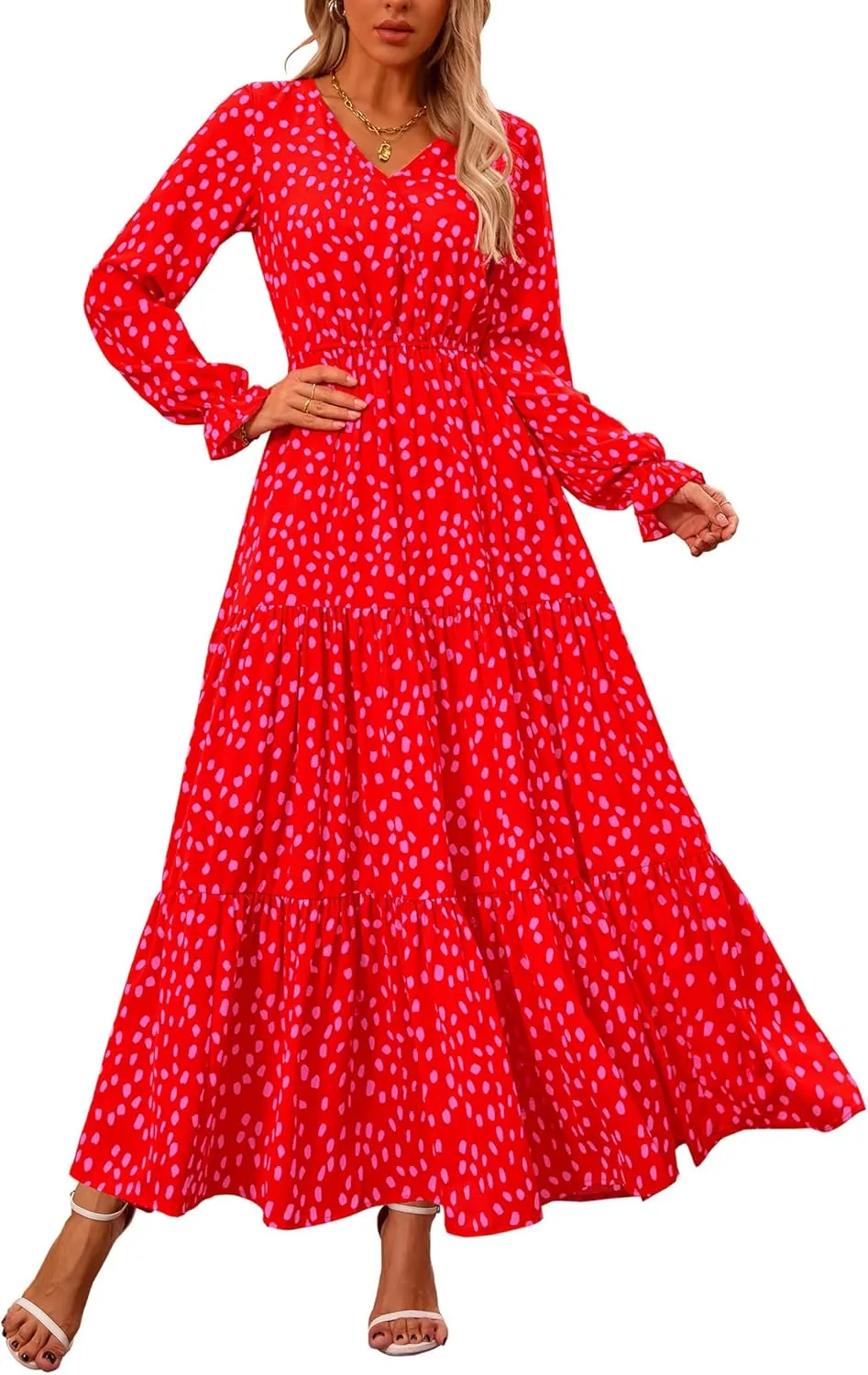 NOLLSOM Women's 2024 Fall Dresses Boho Maxi Dress Casual Long Sleeve V Neck Floral Dresses Wedding Guest Dress