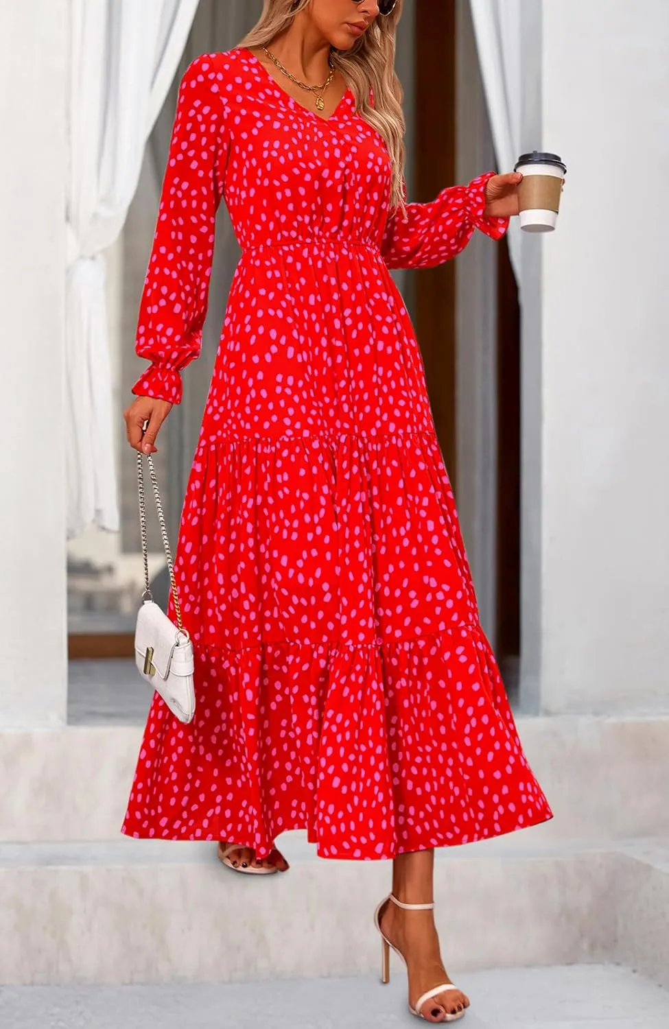 NOLLSOM Women's 2024 Fall Dresses Boho Maxi Dress Casual Long Sleeve V Neck Floral Dresses Wedding Guest Dress