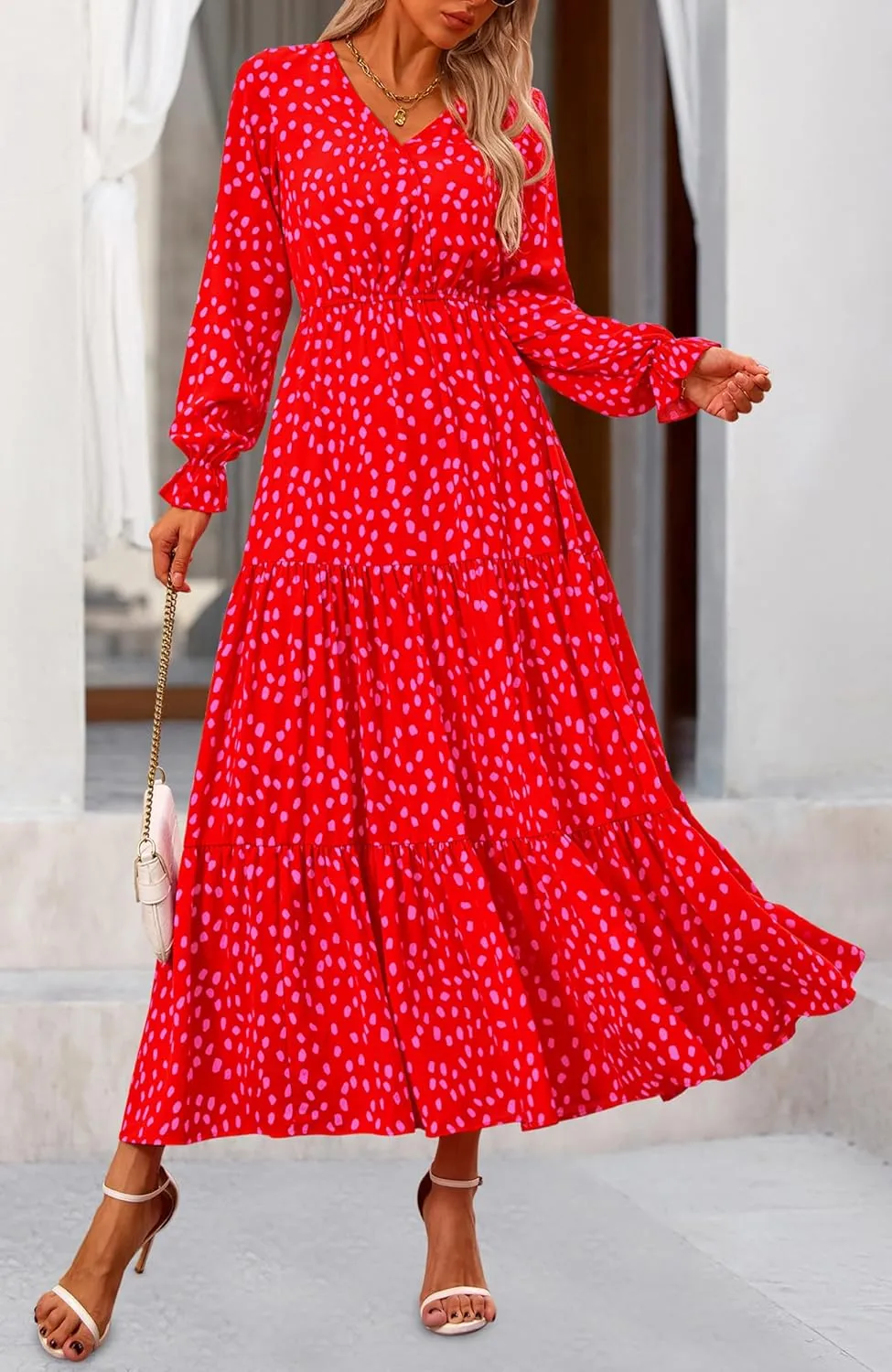 NOLLSOM Women's 2024 Fall Dresses Boho Maxi Dress Casual Long Sleeve V Neck Floral Dresses Wedding Guest Dress