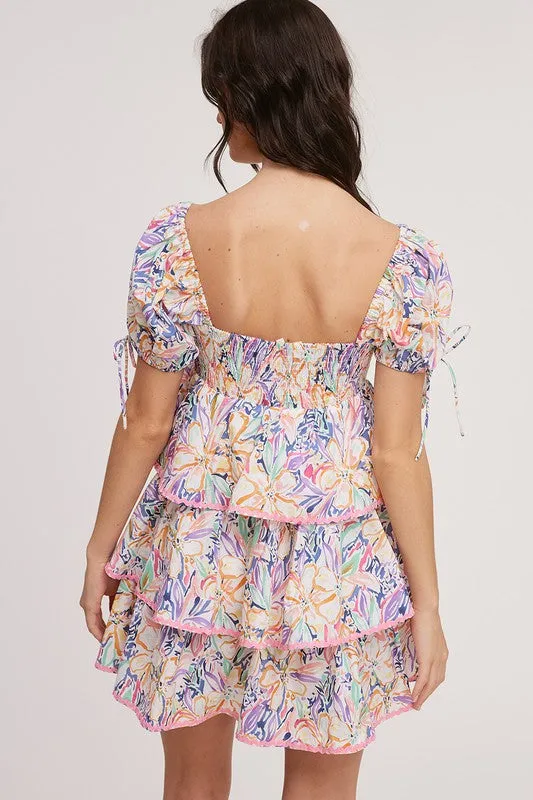 Orange Tropical Printed Tier Mini Dress