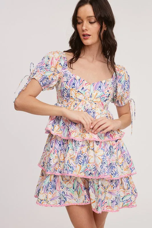 Orange Tropical Printed Tier Mini Dress