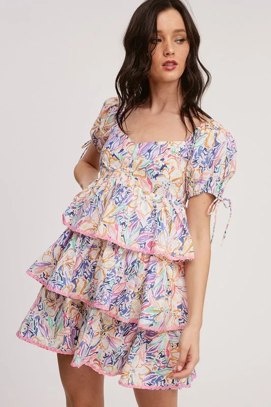 Orange Tropical Printed Tier Mini Dress