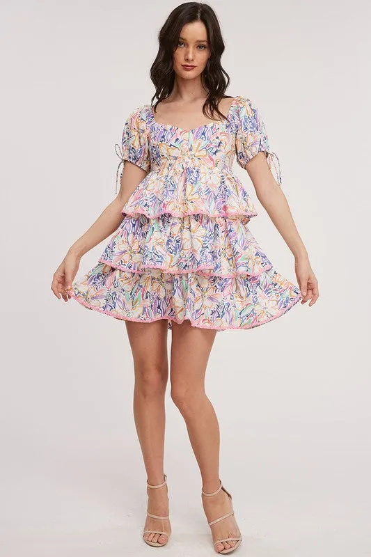Orange Tropical Printed Tier Mini Dress
